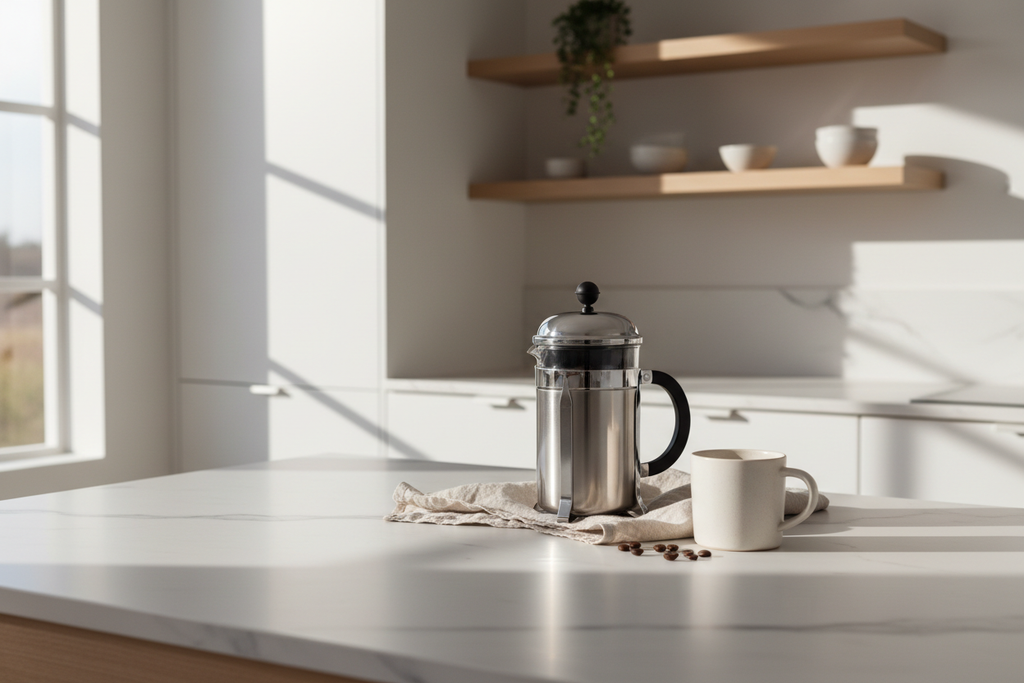 Stainless steel French press coffee maker on marble kitchen counter with morning light