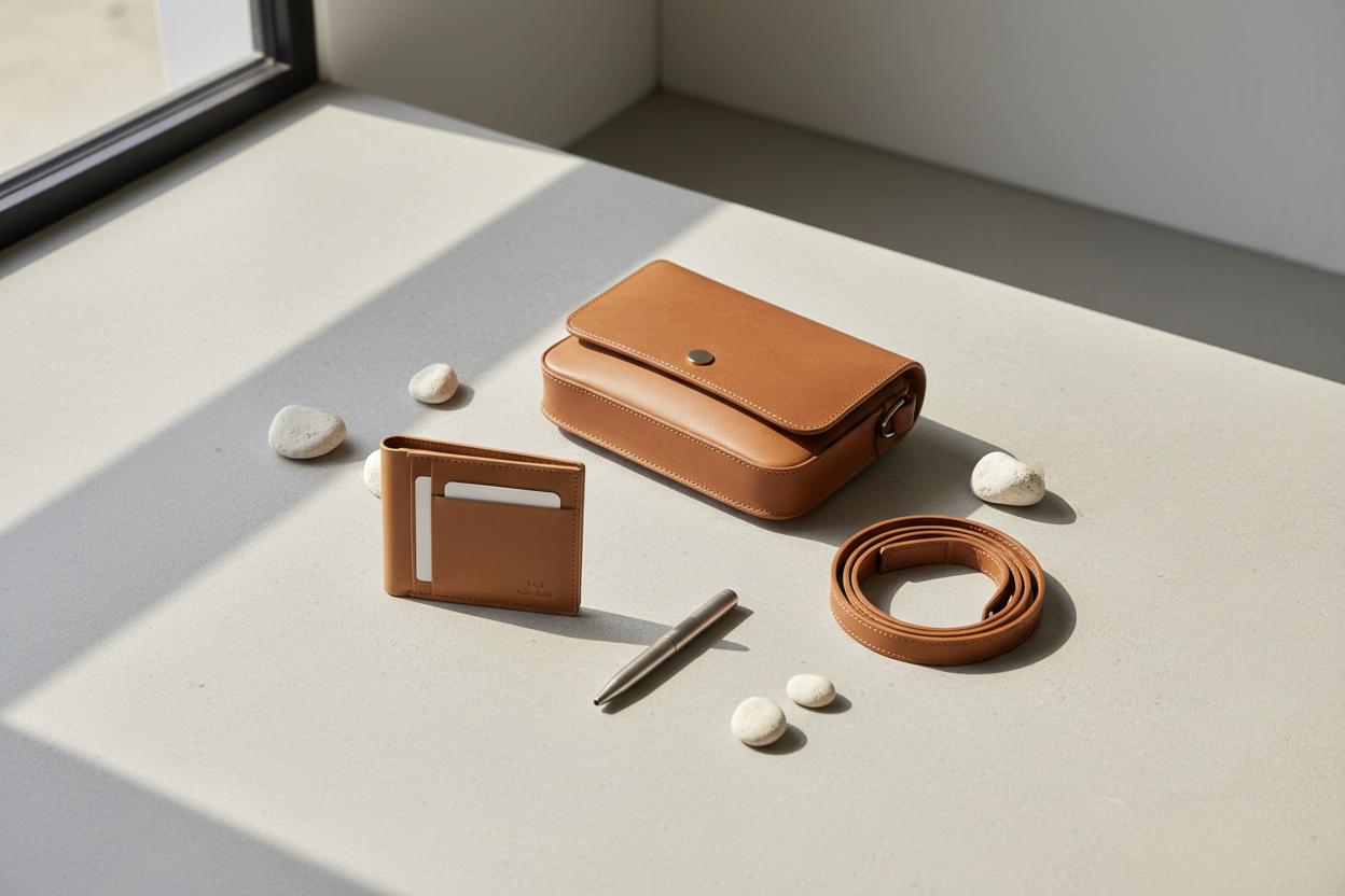 Premium leather wallet and accessories on neutral surface, minimalist lifestyle photography